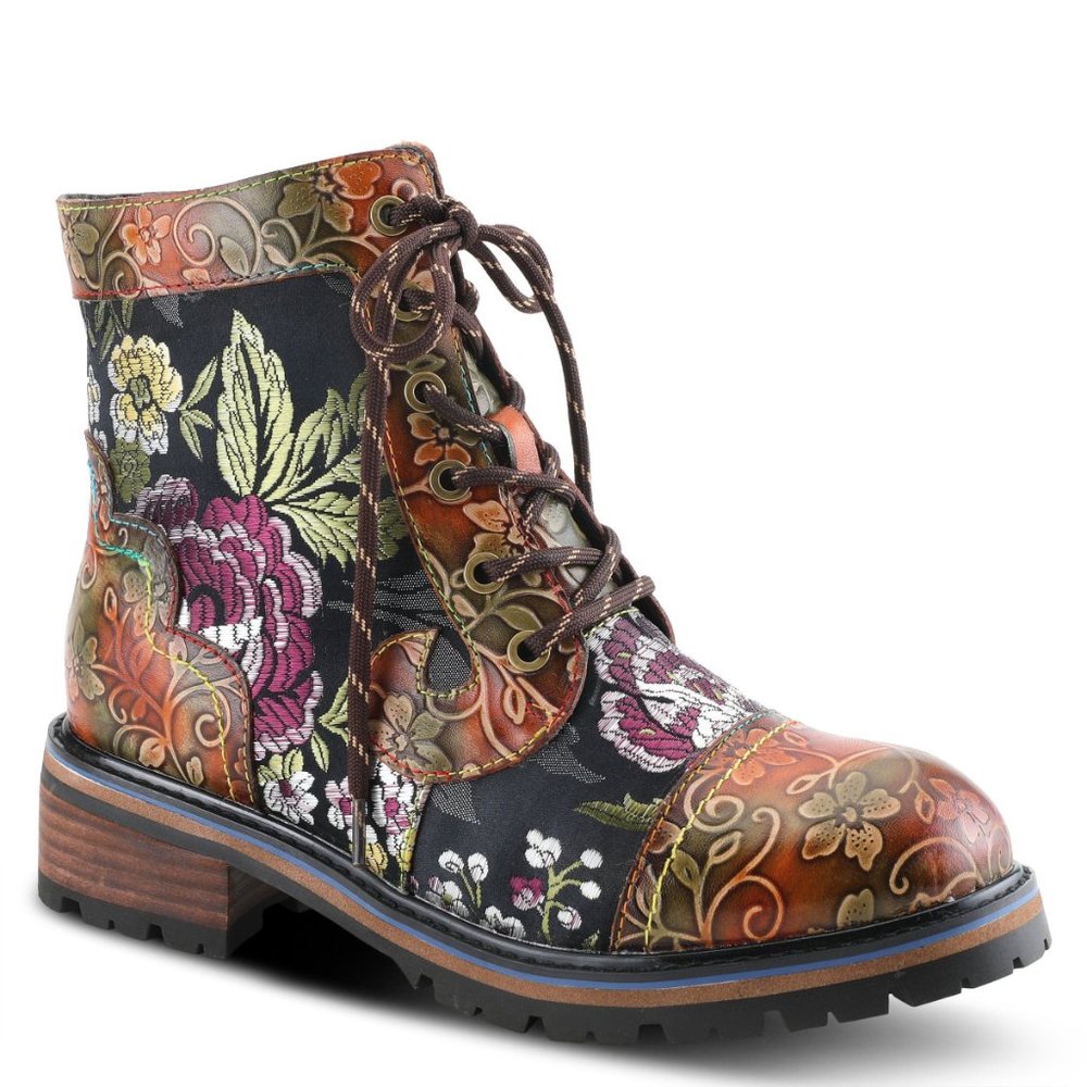L'ARTISTE FANTASTIC WOMEN'S FLORAL LEATHER AND TEXTILE BOOTIES Brown Multi - Picture 2 of 7